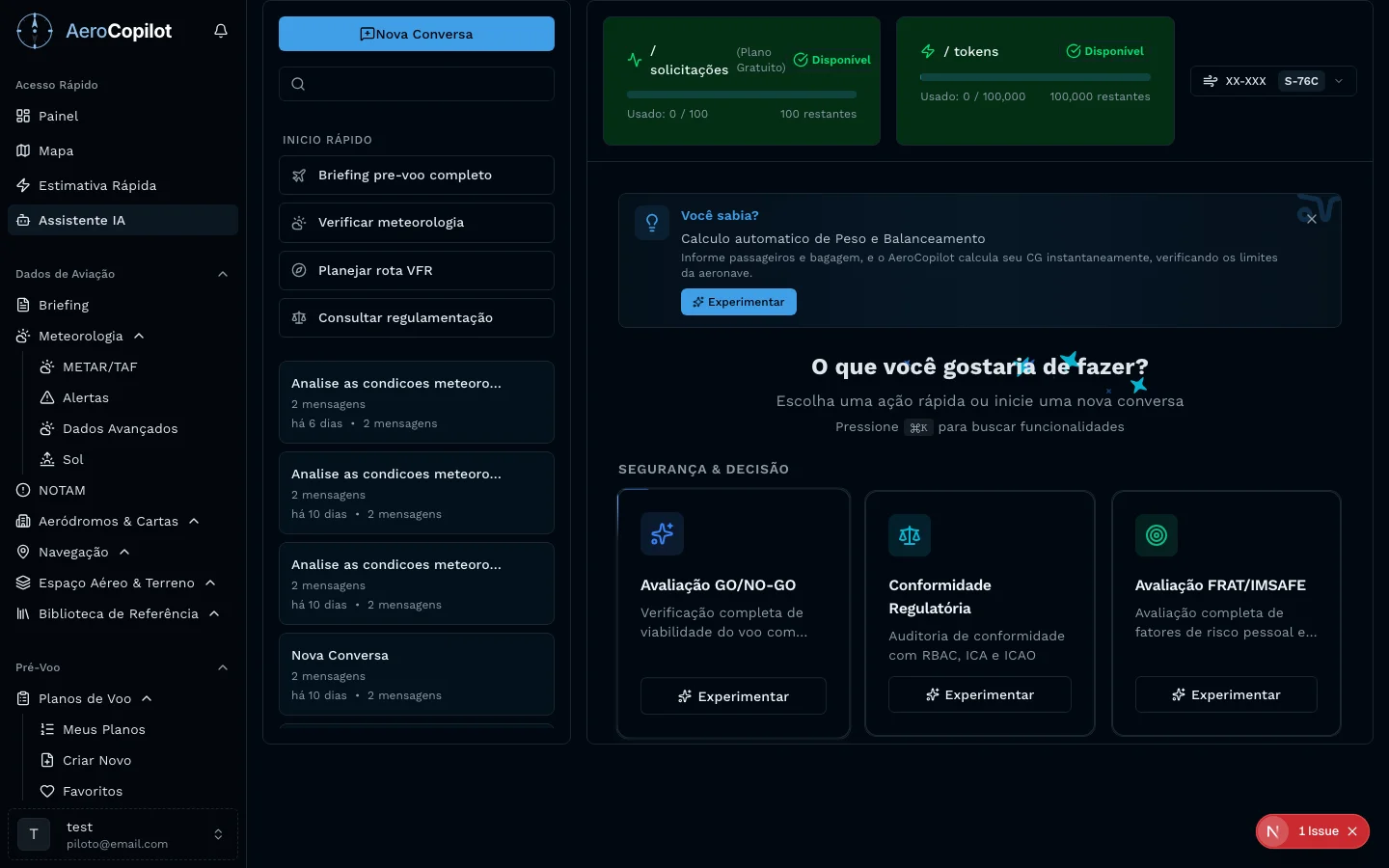 Assistente IA do AeroCopilot com interface de chat para consultas sobre meteorologia, aeródromos, NOTAMs e planejamento de voo
