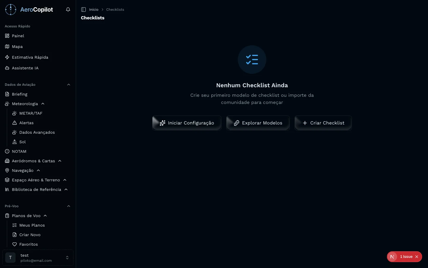 Checklists digitais de aviação no AeroCopilot com biblioteca de templates, QRH de emergência e checklists personalizáveis