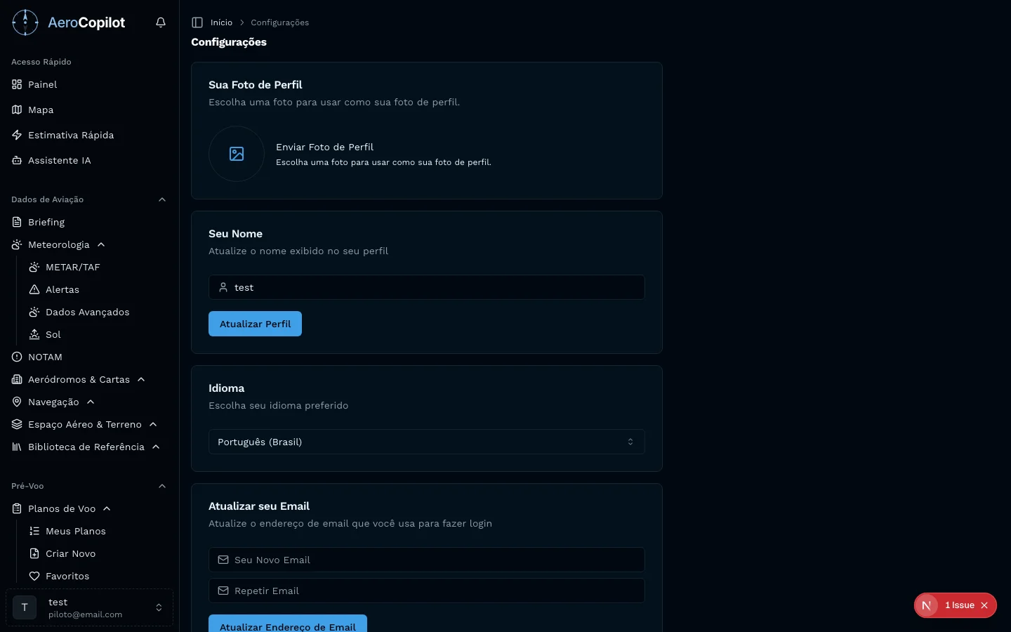 Configurações de perfil e conta no AeroCopilot mostrando dados pessoais, foto, nome e opções de personalização