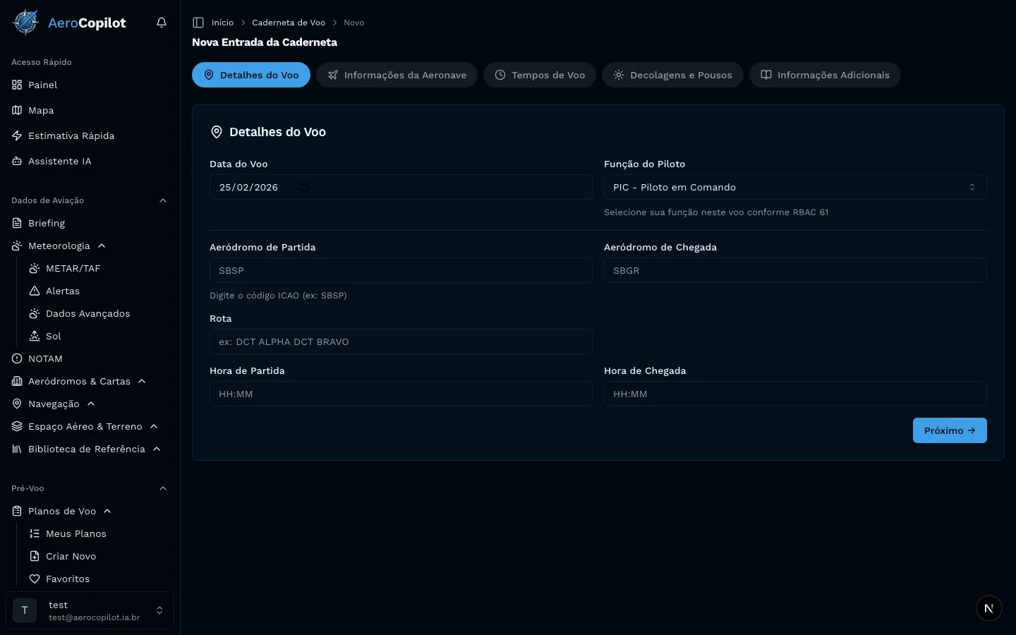 Passo 1 do formulário de lançamento — Detalhes do Voo com seleção de função do piloto conforme RBAC 61