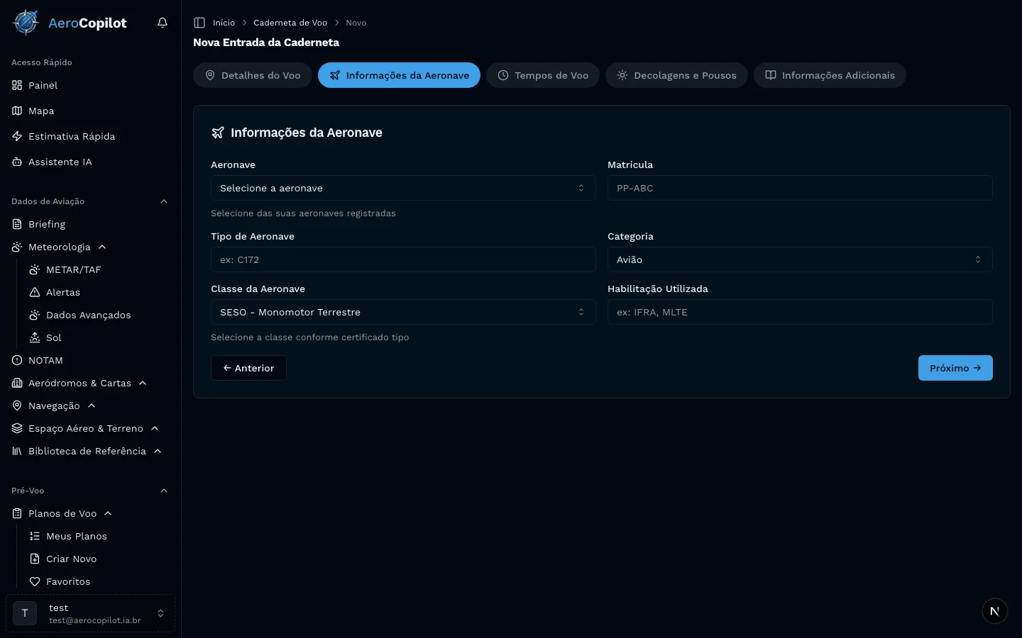 Passo 2 do formulário de lançamento — Informações da aeronave com seletores de categoria e classe ANAC