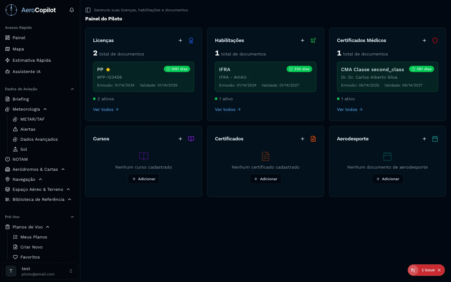 Visão geral do perfil de piloto no AeroCopilot mostrando licenças, habilitações, CMA e certificados cadastrados